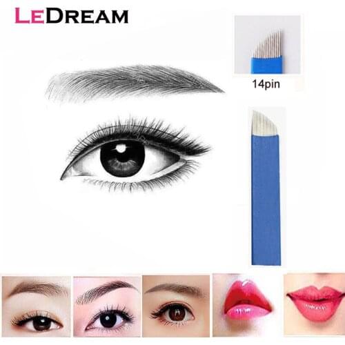 20pcs/lot Disposable Permanent Blue 14 Pin Tattoo Needles Blade Cartridage Tip For 3D Embroidery Microblading Needle Pen