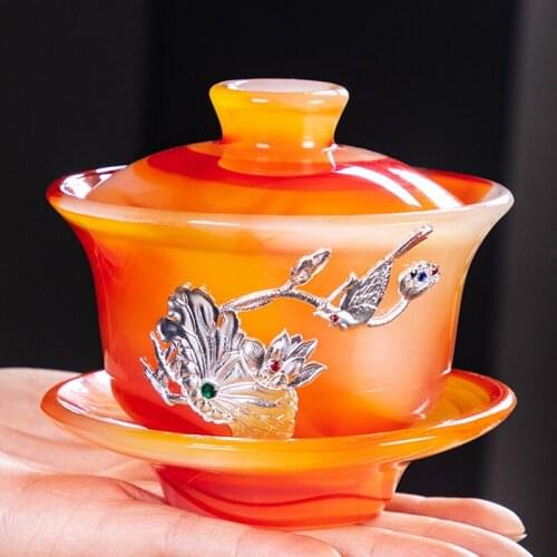 Agate Tea Bowl Jade Porcelain Gaiwan 150ml Luxurious Cup with Silver Decor Chinese Kung Fu Teaware Master Tea Cups Crafts Gift
