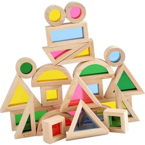 Wooden Rainbow Building Blocks Creative Colorful Montessori Sensory Toys Construction Toy Set Children Acrylic Wooden Building