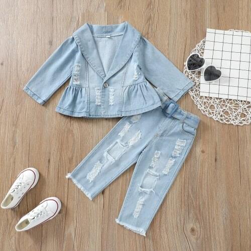 2Pcs Toddlers Kids Denim Set Lapel Long Sleeves Button Coat + Frayed Ripped Jeans with Belt Girls Outfit 1-5 Years