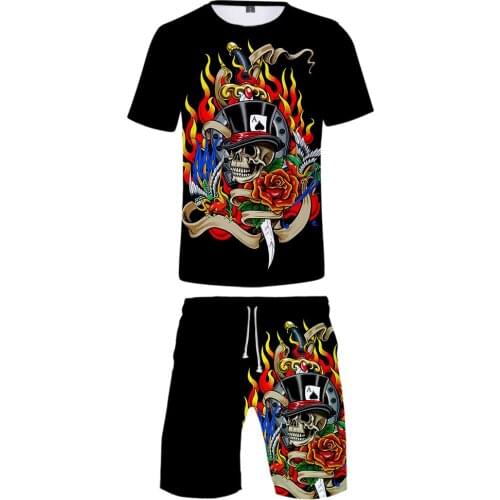 Skull & Poker 3D Print Summer Short Sleeve T-shirt and Beach Shorts Two Piece Set Mens Suit Casual Tracksuit Sportswear Set