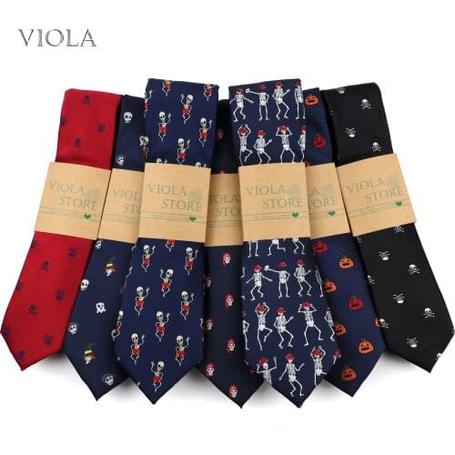 Halloween Skull Pumpkin Tie 6cm 7cm 8cm Men Polyester Fun Black Necktie Tuxedo Festival Banquet Suit Party Cravat Gift Accessory