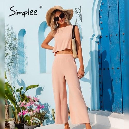 Simplee Casual Pink Two-piece Ladies Pant Sets Elegant Sleeveless Top Trouser Summer Women Suits 2021 Fashion Button Office Suit