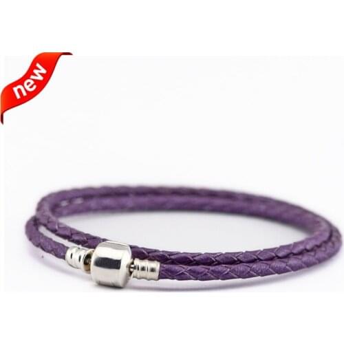 Purple Leather Bracelets 100% 925 Authentic Sterling Silver Fine Jewelry Free Shipping