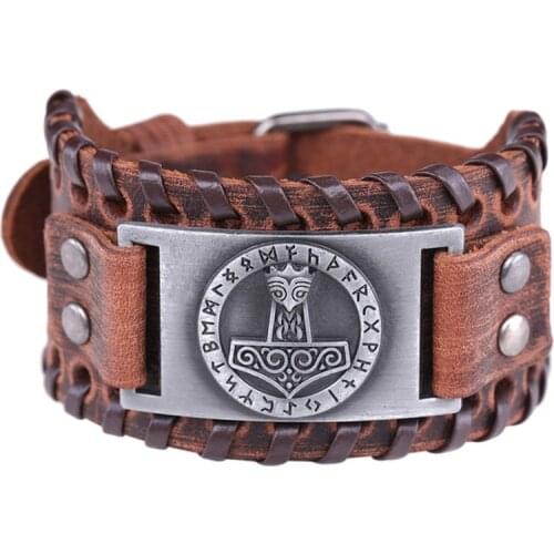 Viking Leather Bracelets Men Holy Patron 24 Nordic Runes Amulet Button Snap Slavic Bracelet Bangle Fashion Jewelry