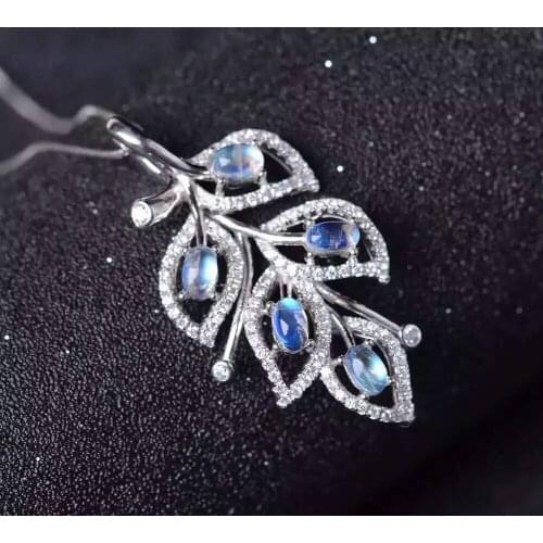 Natural blue moonstone stone pendant 925 Sterling silver Natural gemstone Pendant Necklace trendy Leaves women girl jewelry