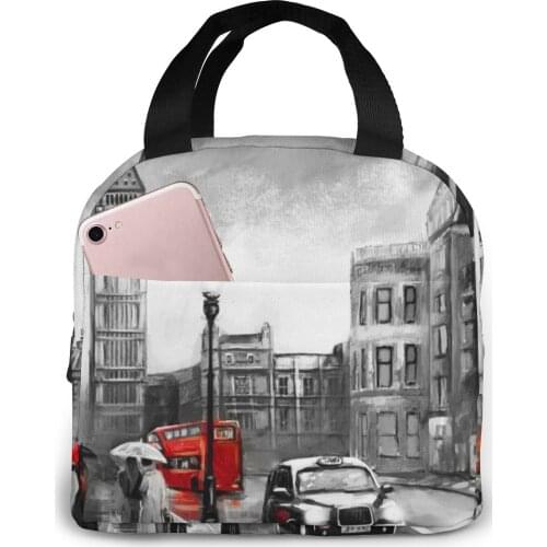 London Big Ben Couple And Red Umbrella Lunch Bag Portable Insulated Thermal Cooler Bento Lunch Box Tote Picnic Storage Bag Pouch