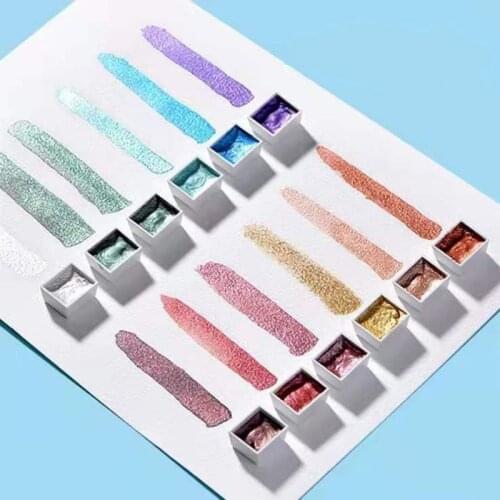12 Colors Solid Watercolor Paints Set Textured Pearlescent Pigment Metallic Glitter Acuarela Suit Portable Art Supplies