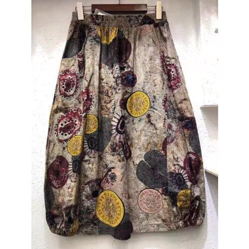 New Arrival Spring summer Women Skirt Plus Size High Waist Linen Vintage Print Maxi Skirt Femme 100% Cotton Loose Long Skirt ZN8