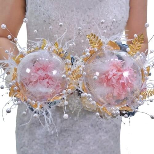 New Fashion Wedding Bouquet Dried Hydrangea Flower InTransparent Balls Pearl Bouquet Golden Leaf Bride ramos gold de damas