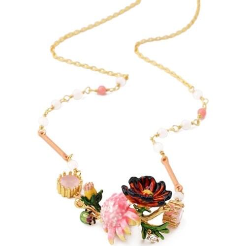New product trend Monets garden series fashion fresh and lovely flower inlaid gem necklace, enamel glaze clavicle chain