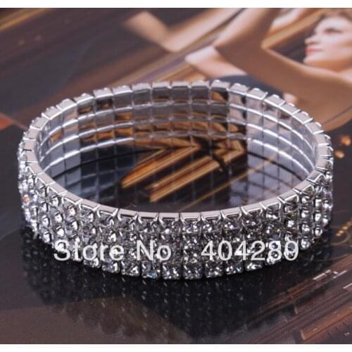 Wholesale 12Pcs Four Row Rhinestone Wedding Bridal Bracelet,Grils Stretch Bling Bling Bracelet