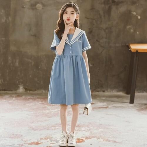 6 To 16 Years, Kids Preppy Dress 2021 New Teen Clothes Girls Dress Sailor Collar Children Summer Dress Cottn Button,#6238
