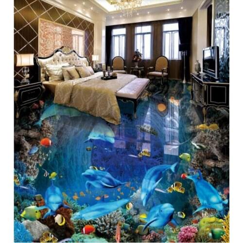 PVC Beautiful underwater world dolphin non-slip waterproof self-adhesive 3D floor sticker tiles bathroom 3D wallpaper
