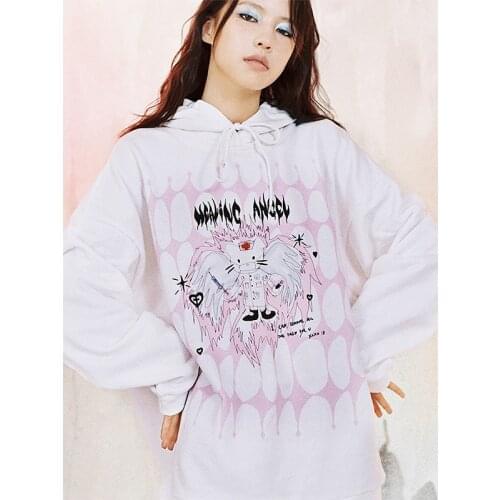 CFierce Original Design Oversized Cute Cat Print Sweatshirt Kawaii Hoodies For Women Gothic Solft Girl White Long Shirt Pullover
