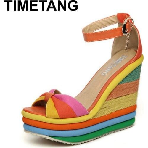TIMETANG Platform Sandal 2017 Summer Ladies Shoes Bohemia Rainbow Thick Sole Sponge High Heel Wedge Open Toe Women Sandals