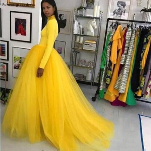 Yellow Color Long Sleeves High Neck Prom Dresses Ball Gown Tulle Party Celebrity Gowns Women Wears Plus Size