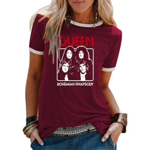 QUEEN BOHEMIAN RHAPSODY Band Print Tshirt for Women Cute Patchwork White O-neck Short Sleeve Clothes Top Harajuku Tees Shirts
