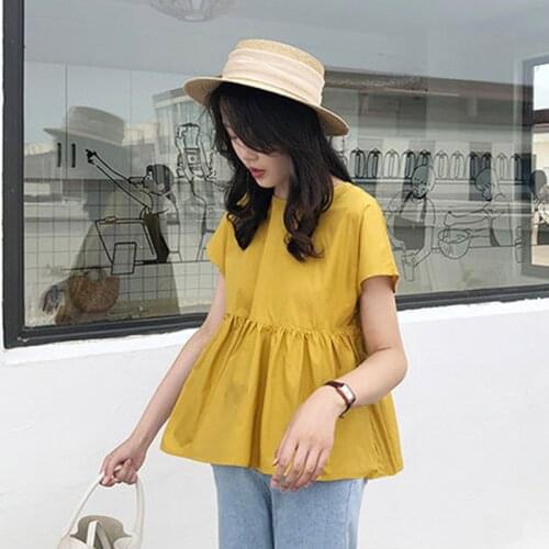 Women Girls Summer Loose Shirt Solid Color Strapped Short Sleeve Round Neck Shirt Fluffy Hem Shirt Sweet Korean Style -O