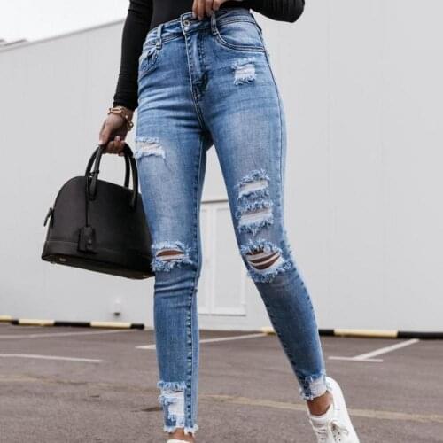 Ladies high-rise ripped stretch slim-fit jeans Women Button High Waist Pocket Elastic Hole Jeans Trousers Slim Denim Pants Mujer
