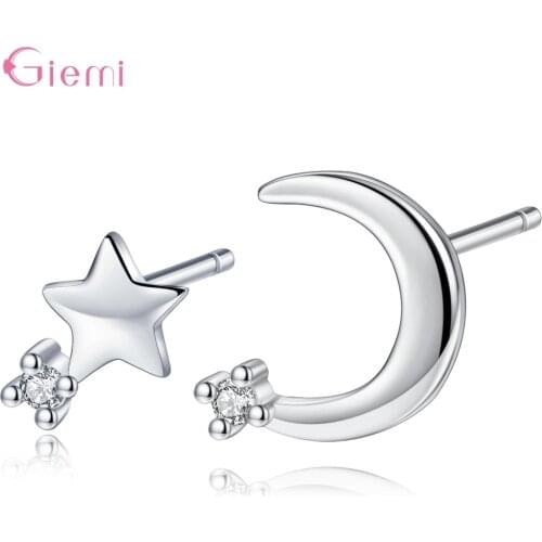 Fashion Trendy 925 Sterling Silver Cubic Zirconia Moon Star Stud Earrings for Women Girl Popular Jewelry Earrings Ornaments
