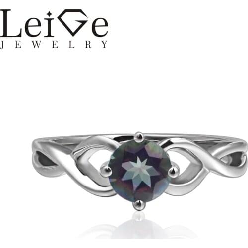 Leige Jewelry Round Cut Solitaire Mystic Topaz Rings Wedding Rings for Women Sterling Silver 925 Rainbow Gemstone