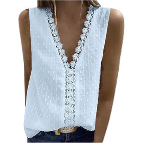 2021 Womens T-Shirt V Neck Sleeveless Lace Stitched Chiffon Vest (Front And Back Lining)