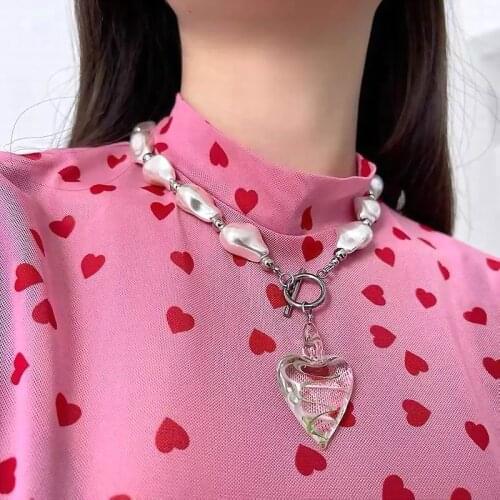 2021 New Statement Necklace Big Transparent Heart Baroque Pearl Stainless Steel Jewelry Collares