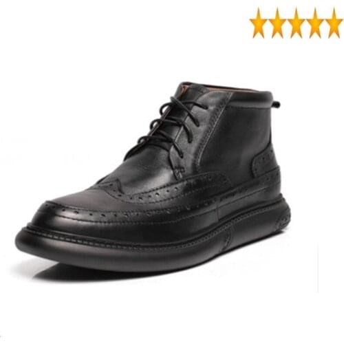 British Mens Business Dress Style Retro Genuine Leather Carved Brogue Fashion Formal Lace-Up Cowhide High Top Shoes