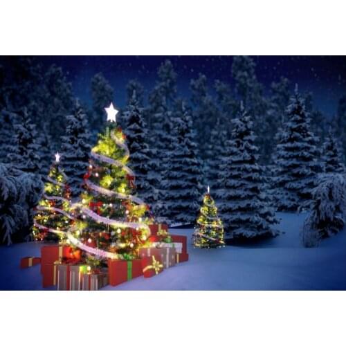 Forest Night Backdrop Christmas Tree Lantern Gift Box Background Photography Xmas Family Festive Party Decoration Photo Booth