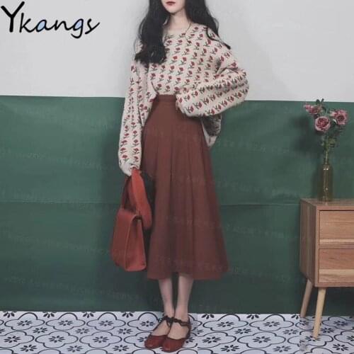 Vintage Women Autumn Winter Plus Size set Rose Flower Long sleeve sweater+red High Waist Pleated skirt Korean Female Sweet suits