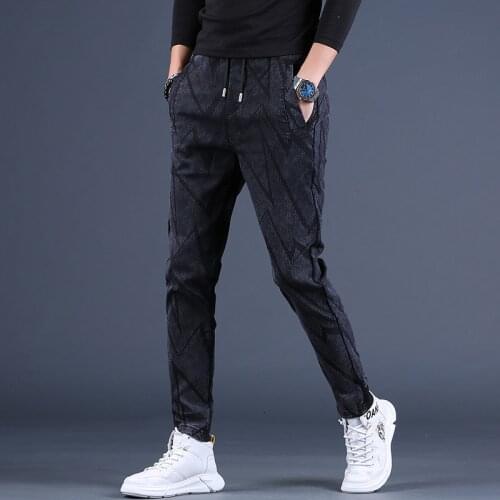 Summer Mens Black Casual Pants Men Fashion Wavy Pattern Slim Fit Drawstring Trousers