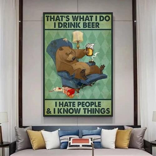 Grumpy Bear Drinking Beer Coffee Canvas Poster Vintage Abstract Wall Art Print Pictures For Bathroom Livingroom Wall Home Decor
