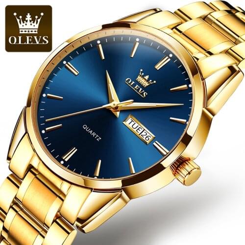 2021 Brand OLEVS Mens Business Chronograph Quartz Waterproof Wristwatch Moon Phase Gold Stainless Steel Strap For Men Watch