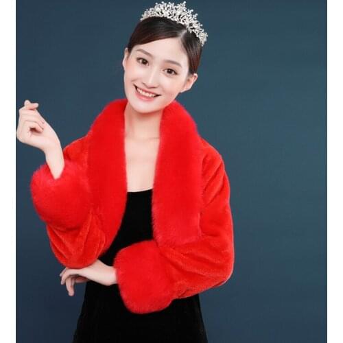 New Wedding Winter Bolero Women Faux Fur Shawl Elegant red Cape One Size Fur Cape Real Photos Long Sleeve Bridal Wrap