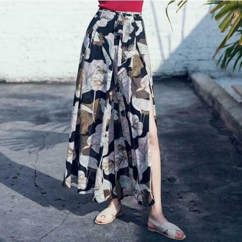 Summer New Womens Printed Chiffon Wide-leg Pants Casual Loose Beach Pants