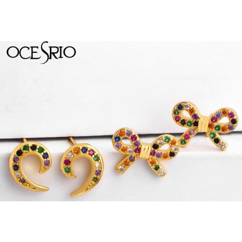 Rainbow Bow-knot Stud Earrings Gold Heart Earrings Zirconia earring pendiente circonita arcoiris Huggie Jewelry ers-r25
