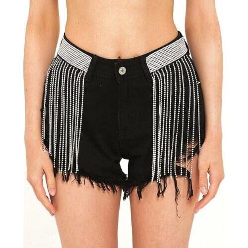 Sexy Fringe Shorts Denim Jeans Women Rhinestone Embellished Female Short Trousers Tassel Summer Clothing Designer Black 2021