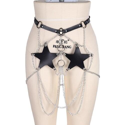 Sexy Leather Pentagonal Decoration Bondage Leg Harness Garter Women Goth Punk Tassel Cross Chain Skirt Beach Party Rave Clothing