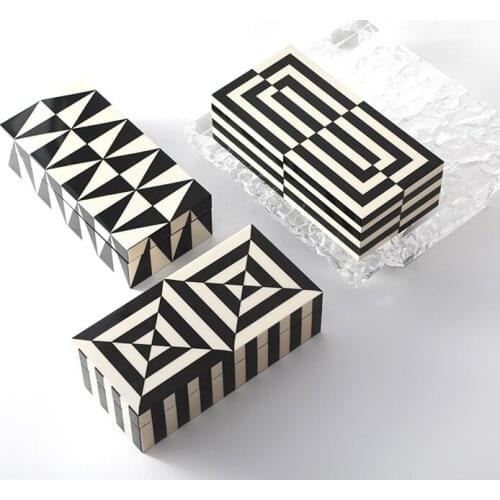 Modern Wooden Paint Black And White Stripes Round Rectangular Jewelry Storage Box Tray Practical Home Desktop Decor Accessories