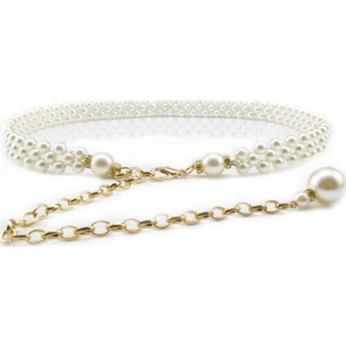 Elegant Women Imitation Pearl Belts Alloy Chain Belts Black White Imitation Pearl Chain Women Clothing Accessories