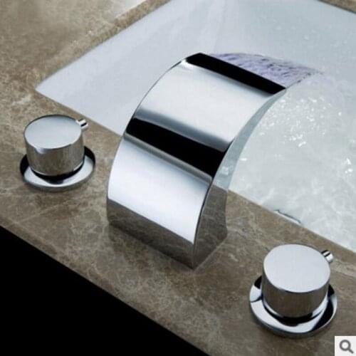 Vidric 3Pcs Waterfall LED Bathroom Faucet Basin Faucets Deck Mounted Bathroom Tap 2 Handles 3 Hole Faucet Mixer Crane 3pcs/set