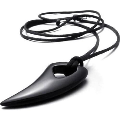 Jewelry Mens Necklace Pendant - Adjustable Cotton Chain - Tribal Wolf Tooth - Stainless Steel - for Men - Black - With Gift Ba