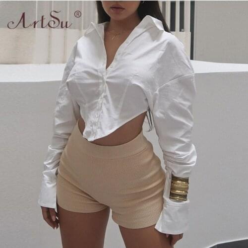 ArtSu Women Button Up Fashion Cropped Blouse Party Shirts White Long Sleeve Streetwear Oversized Turn Down Collar Crop Tops 2021