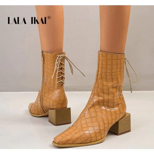 LALA IKAI Boots Women 2020 Autumn Winter Square High Heels Boots Female PU Leather Pointed Toe Lace-up Ankle Boots XWC10267-4