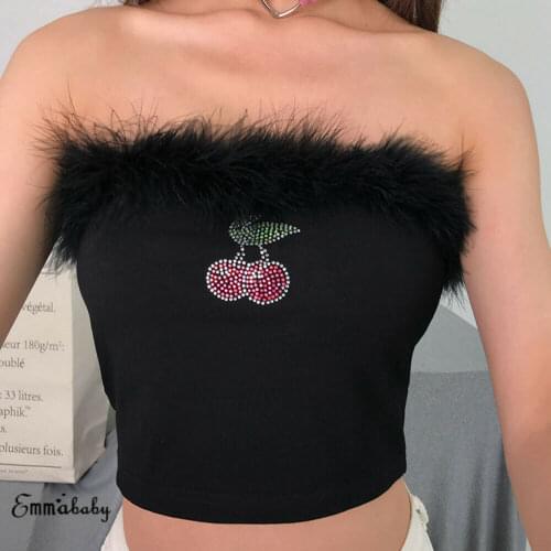 Summer New Fashion Ladies Bustier Off Shoulder Cherry Print Rhinestone Wrap Chest Sexy Women Feather Crop Tops Strapless Vest