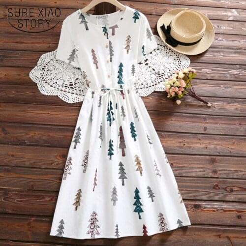 2021 O-neck Tree Casual Printed Dress Cotton Linen Summer Vintage Clothing Dress Women Short Sleeve Loose Fashion Dress 4616 50