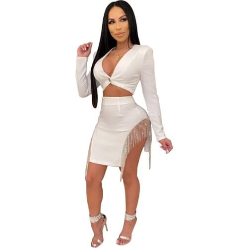 Babatique 2020 New Fashion Winter Long Sleeve White 2 Pieces Set Sexy Ladies Designer Tassel Party Womens Set