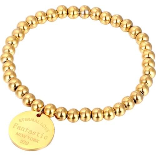 Stainless Steel Ball Beads Bracelet For Women Circle Tag Charm Stretch Strand Bracelet "Fantastic Eternal Love New York" K033