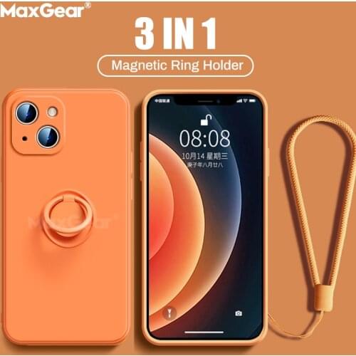 For iPhone 12 13 Pro Max Mini Case Liquid Silicone With Magnetic Ring Holder For iPhone 11 Pro XR X S Max 7 8 Plus SE 2020 Cover